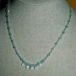 Swarovski Crystal Beaded Hand Strung Necklace w/Aquamarine briolette  .925 Clasp